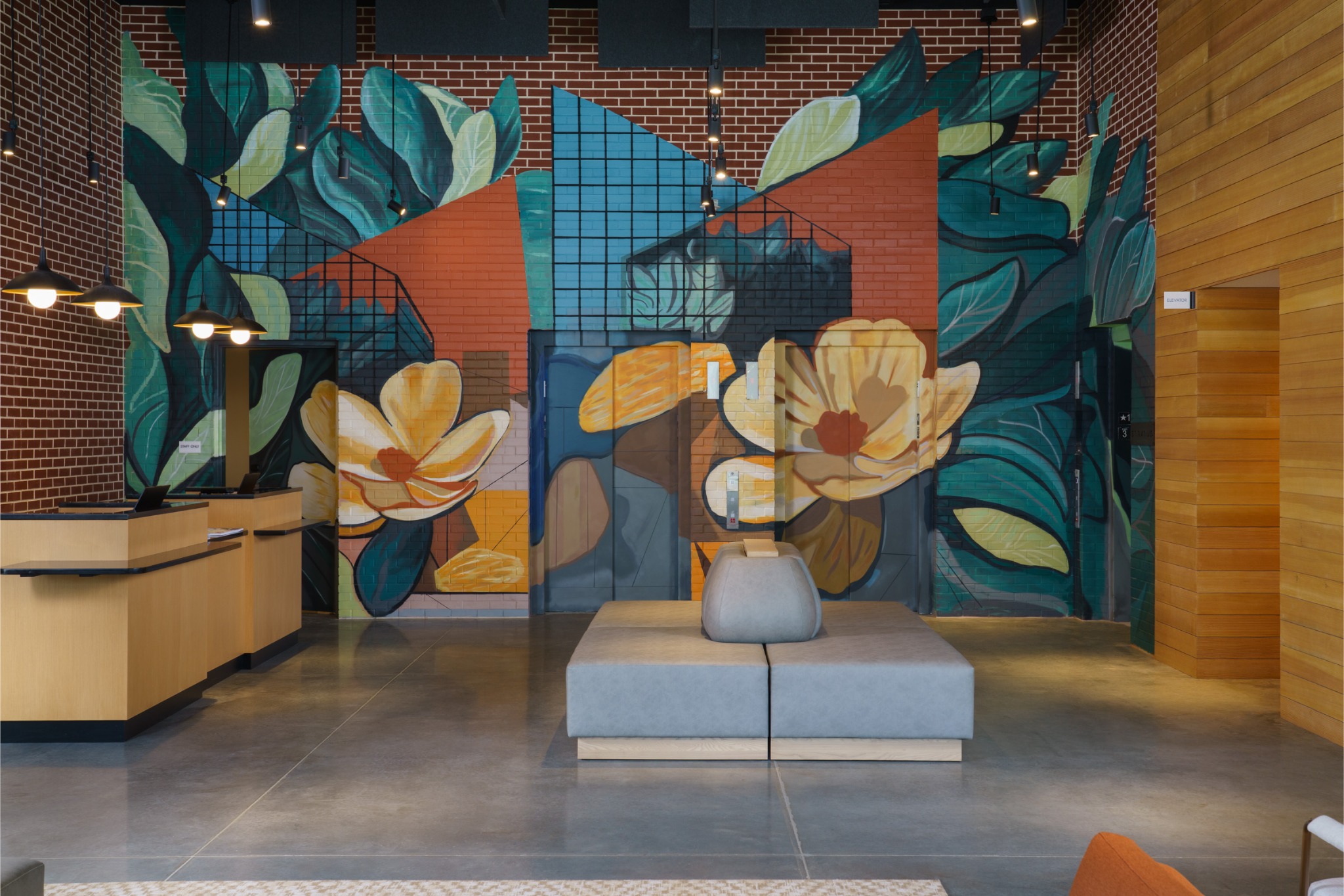 Geometric floral lobby mural