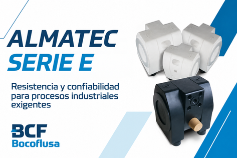 Bombas neumáticas de doble diafragma Almatec Serie E para aplicaciones industriales, distribuidas por Bocoflusa.