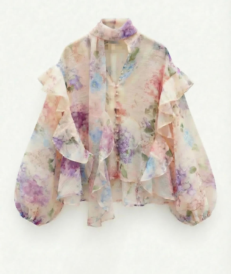 Thumbnail: Organza Floral Ruffled Blouse with a Neck Tie