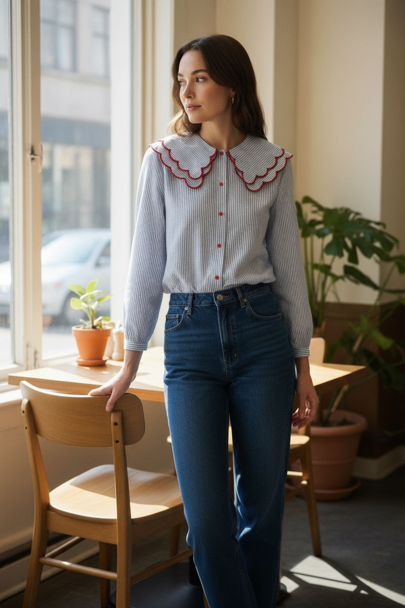 Thumbnail: Double Collar Striped Button Up Shirt