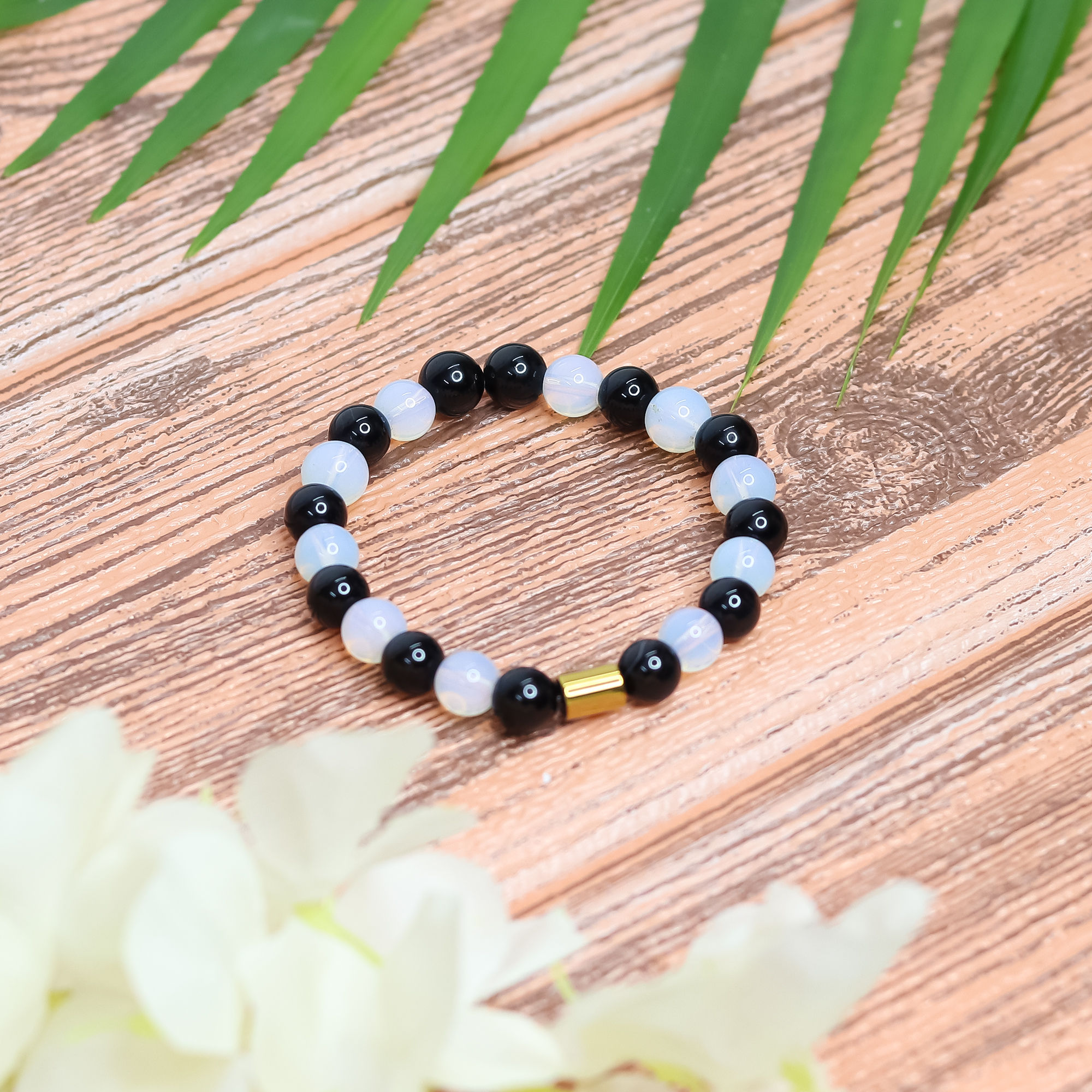 Black Obsidian and Opalite Crystal Bracelet for Protection and Emotional Balance