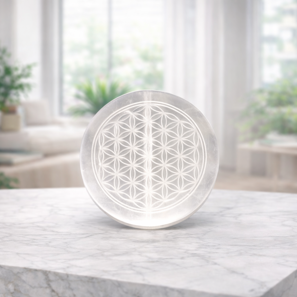 Selenite Flower of Life Symbol Charging Plate Amplify Your Crystals