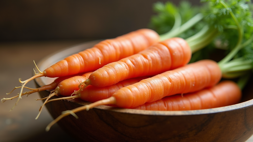 Close-up view of organic carrots in a wooden bowl