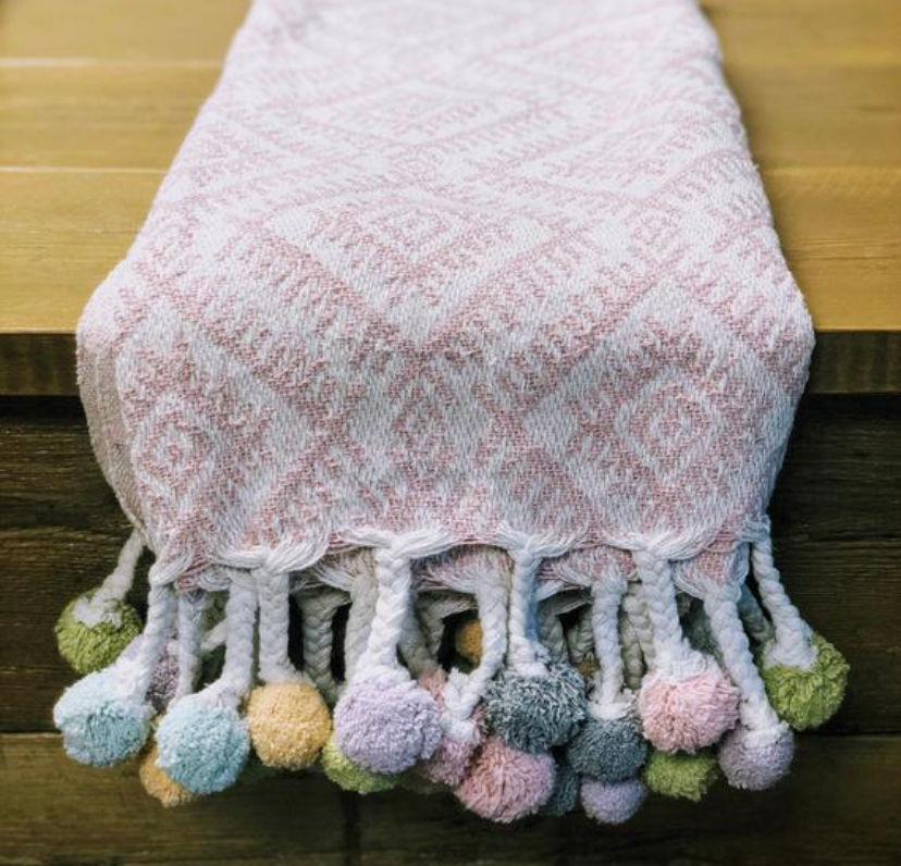 Recycled Cotton Throw with Pom Poms - Pink