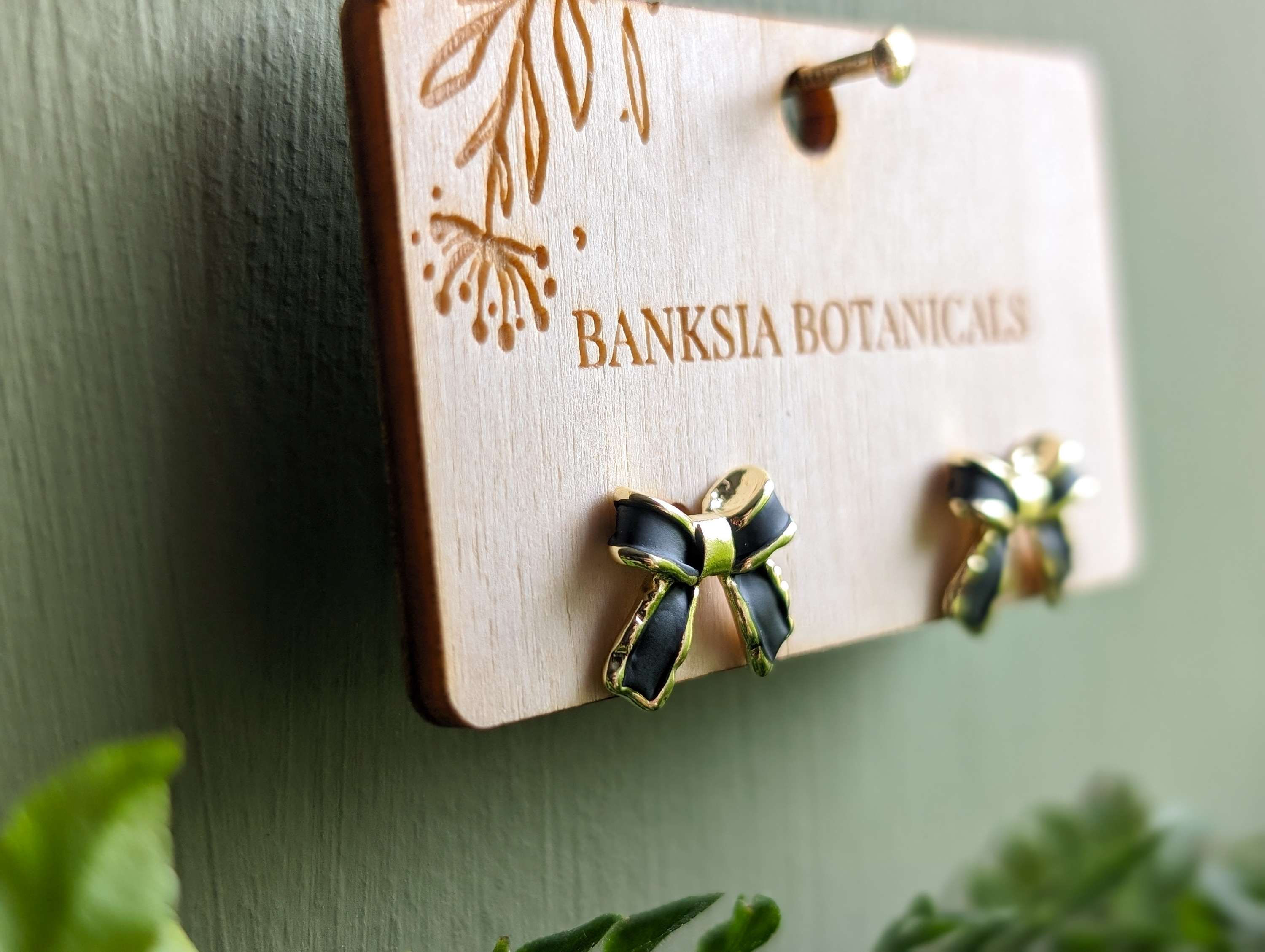 Gold Matte Black Ribbon Stud Earrings 