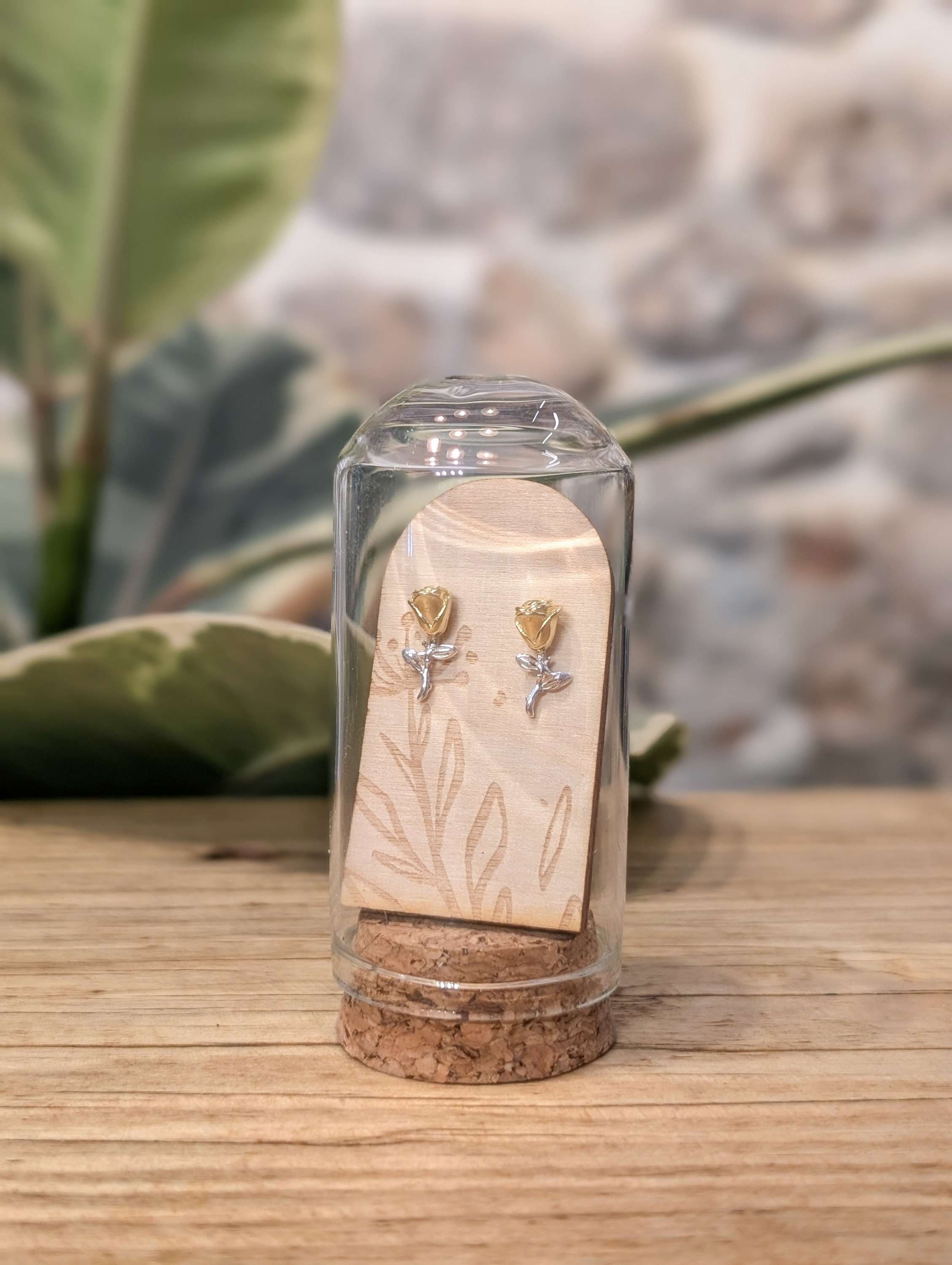 Rose Stem Gold Plated Sterling Silver Studs
