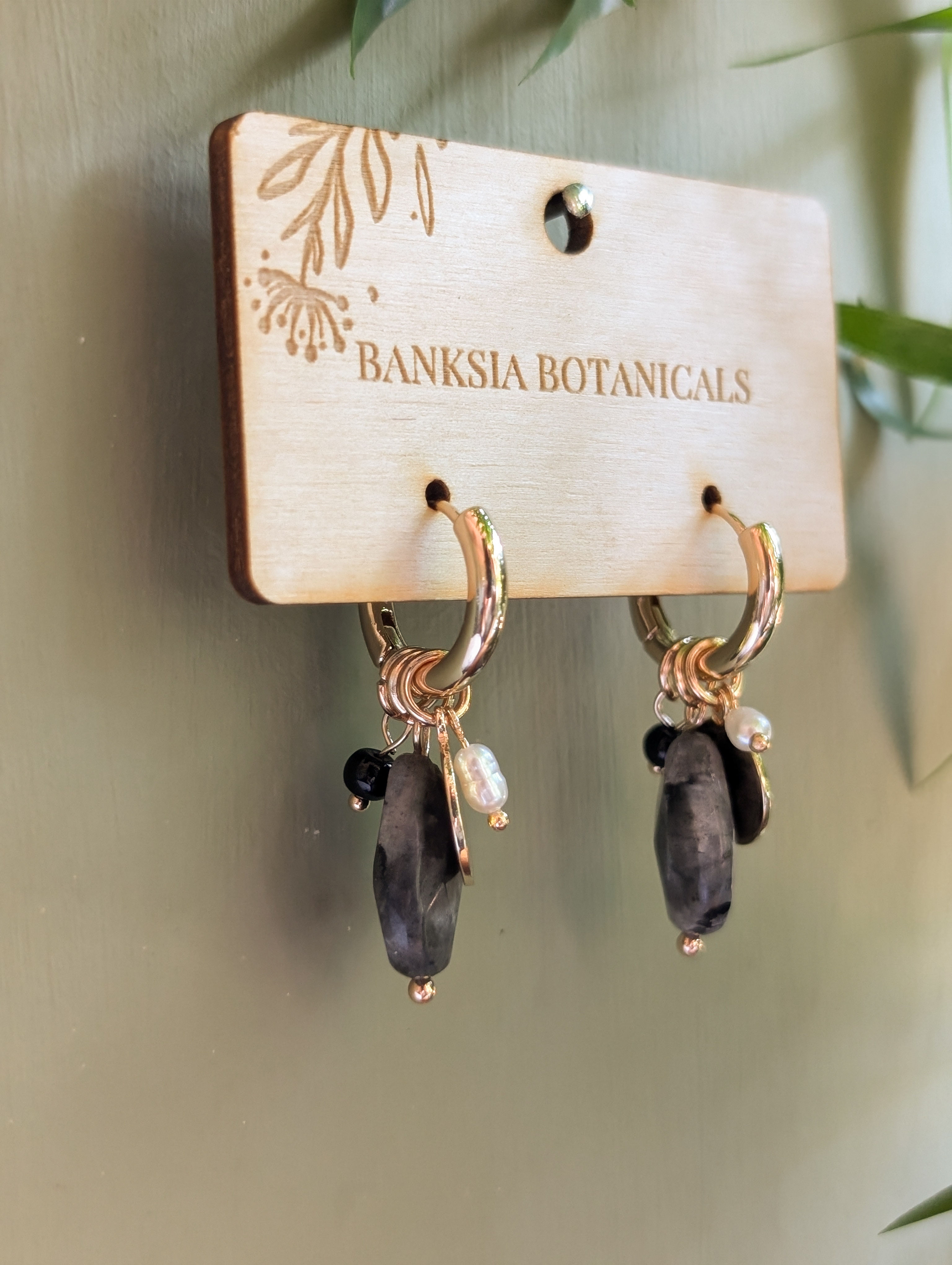 Black Marbled Beaded Huggie Earrings 