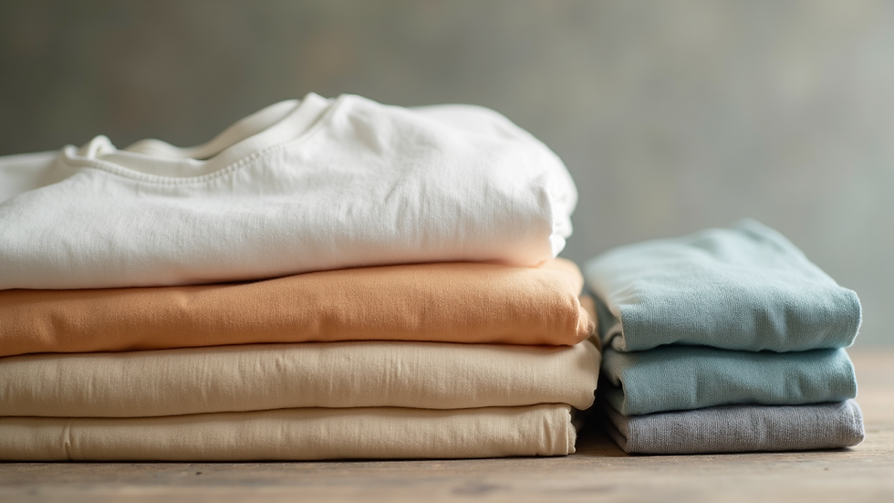 Close-up view of folded organic cotton t-shirts in natural colours