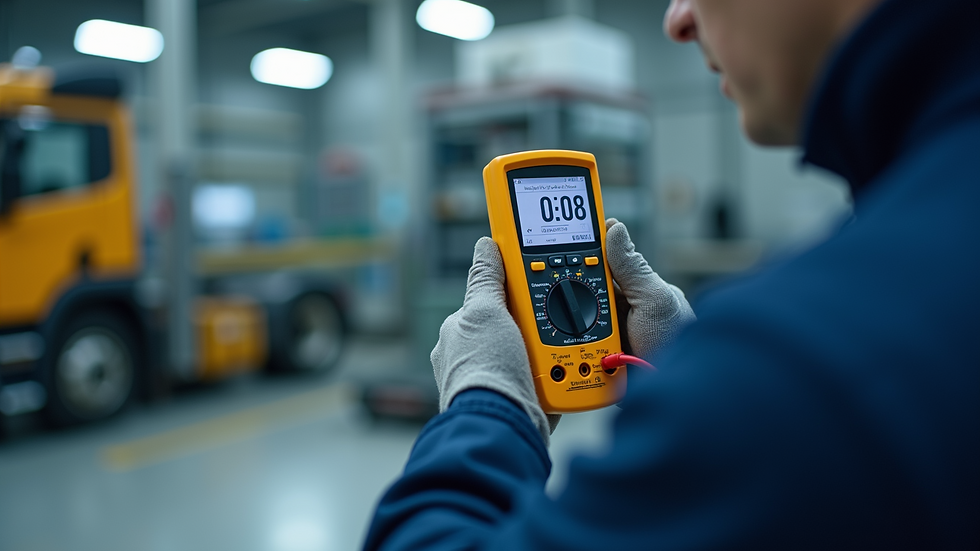 Eye-level view of a technician calibrating a digital multimeter