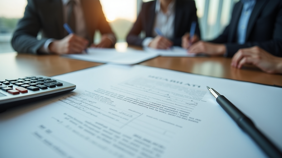 High angle view of a contract and calculator on a desk