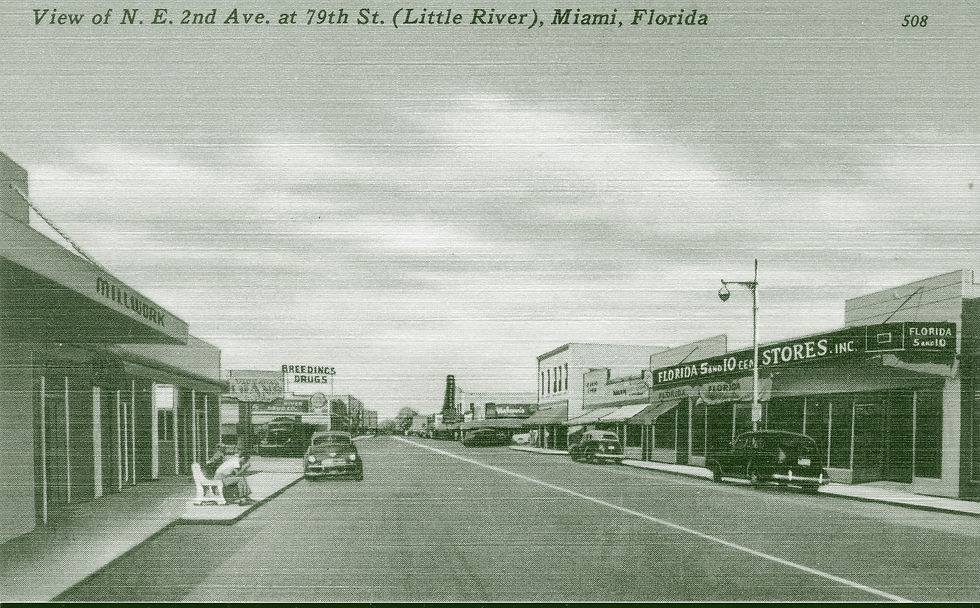 A postcard depicts the Main Street and shopfronts of Little River, Miami, FLa. in the 1960s. Image Credit: Flickr/Philip Pesar