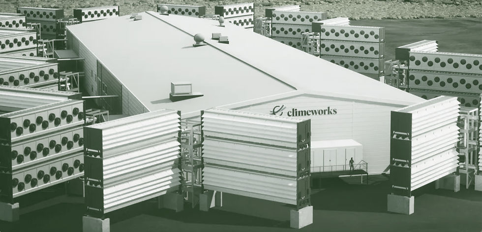 A rendering of Climeworks direct air capture facility with multiple containers of fans and separation filters in a shipping container sized containers stacked three rows high.