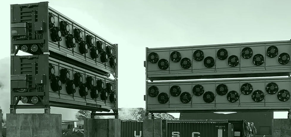 Arrays of hardware systems containing multiple fans that are designed to capture CO2. The systems were made by the company, Climeworks,
