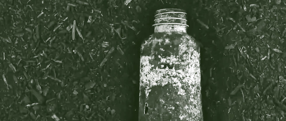 A time-lapse photograph of a decaying Cove biodegradable water bottle lying in a pile of wood chips.
