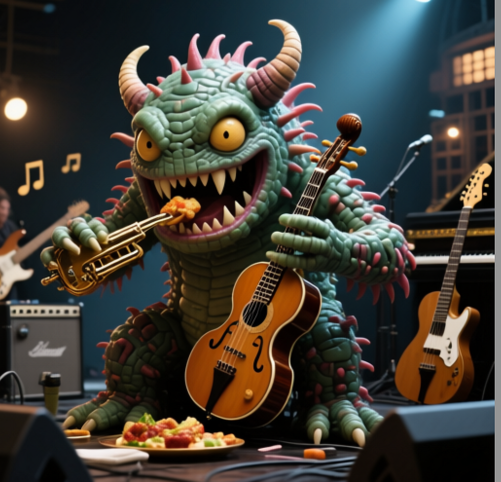 Monstro comendo instrumentos musicais _ IA