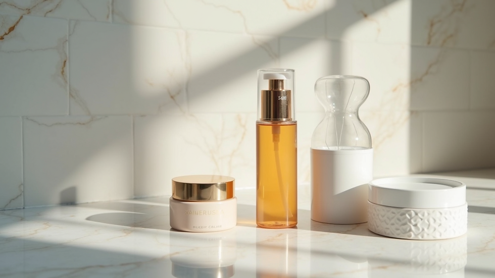 Close-up view of luxury skincare products arranged on a marble surface