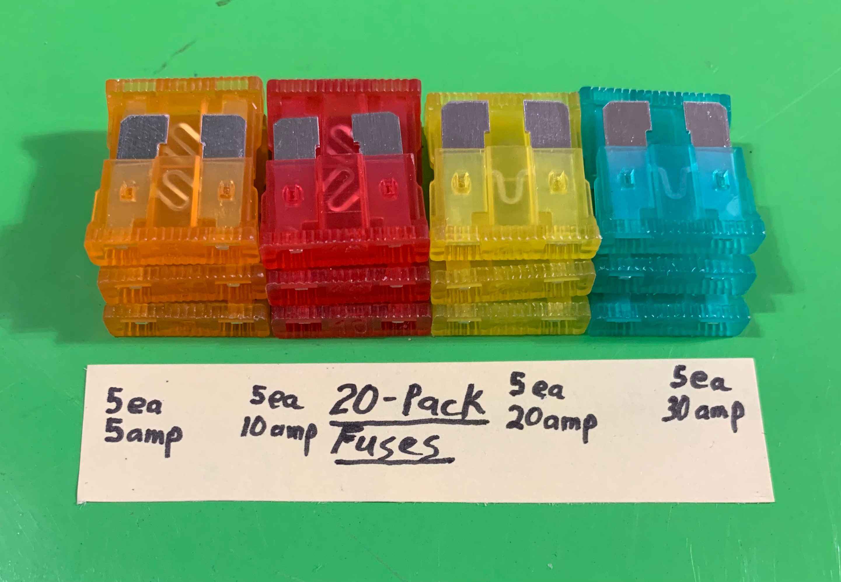 20-pack of fuses, 5 of each: 10 amp, 15 amp, 20 amp, & 30 amp