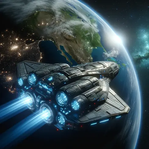 DALL·E 2024-05-27 00.25.28 - A sci-fi spaceship passing by Earth. The spaceship has a slee