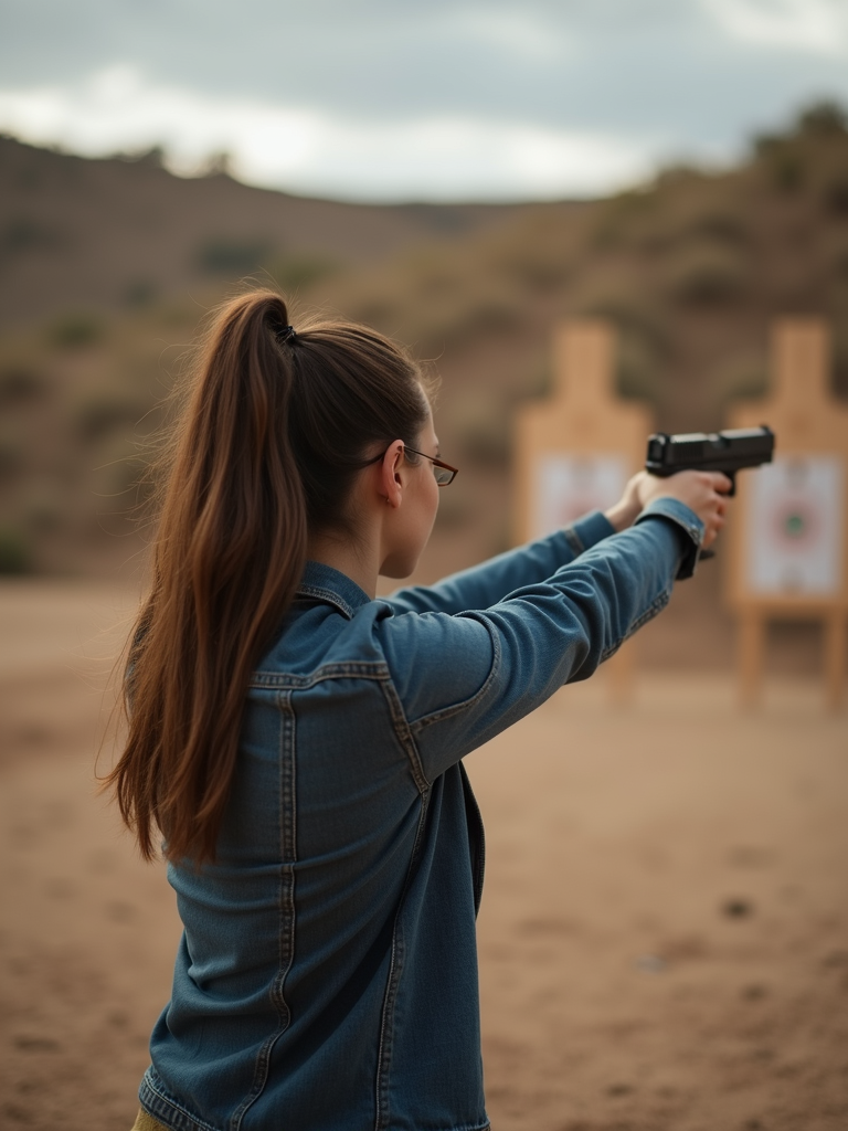 action shot woman drawing from concealed holster range target background professional inst