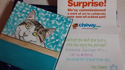 Hand painted portrait of Tallgrass Kennels kitty cat and Thank you note from Chewy.com