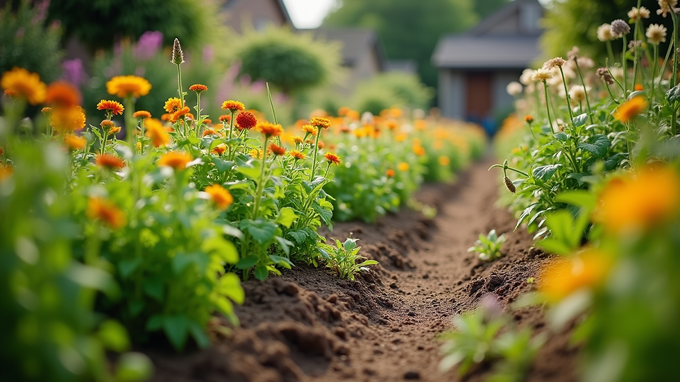 Eye-level view of a community garden flourishing with vibrant plants