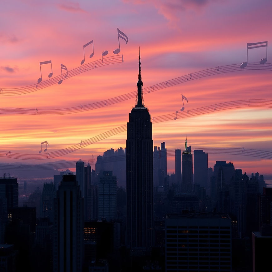 A dynamic, dusk-toned NYC skyline with subtle overlays of musical notes and city textures.