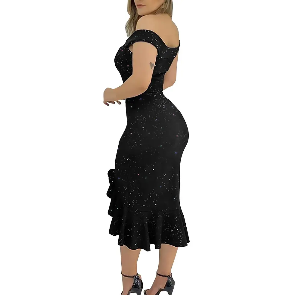 Miniaturbild: Enganliegendes Kleid, unifarben, mit Rüschen, Schlitz und schulterfrei