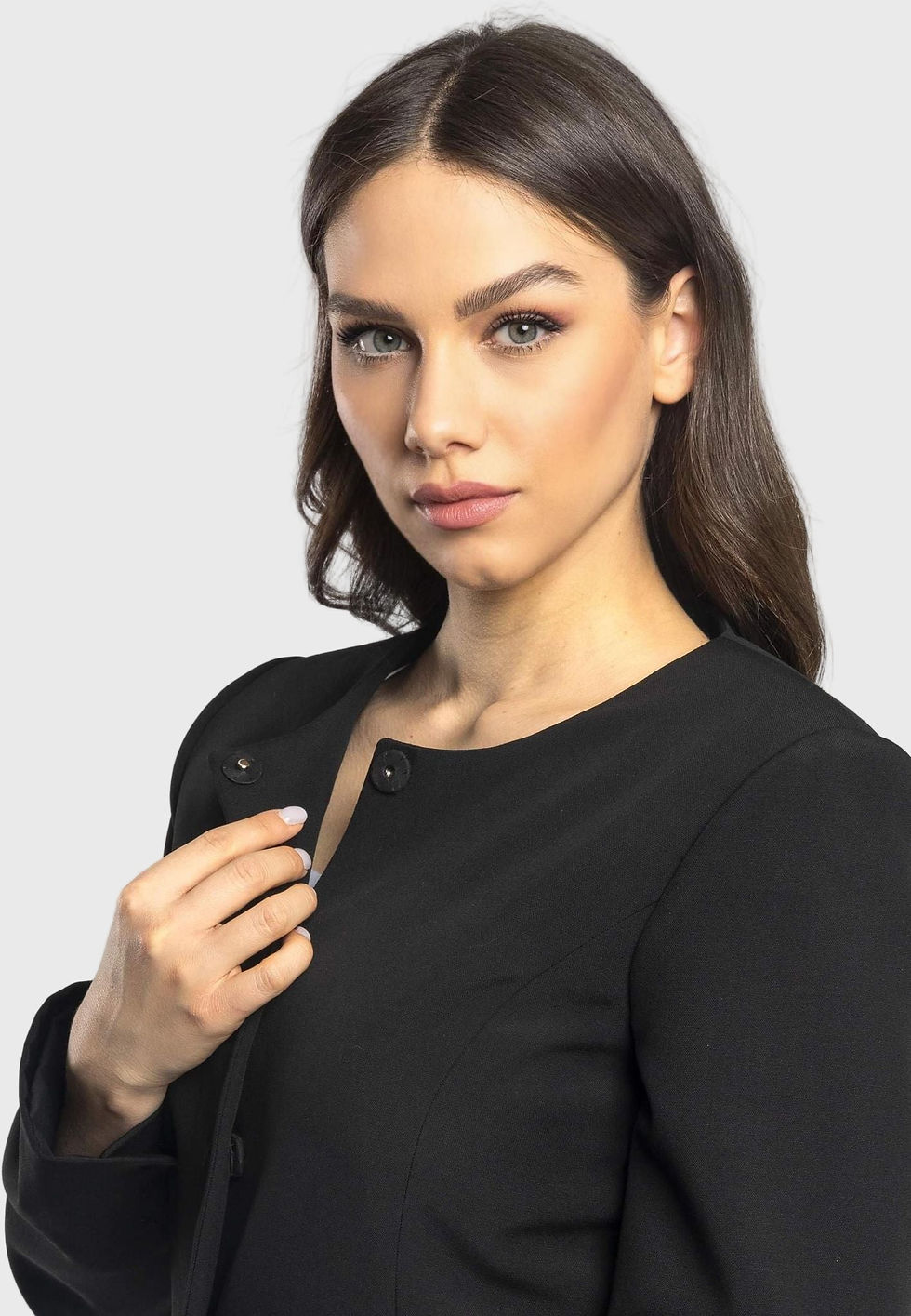Miniatura: Chaqueta Cecelia de mezcla de lana y ecopiel con 4 botones a presión, negro
