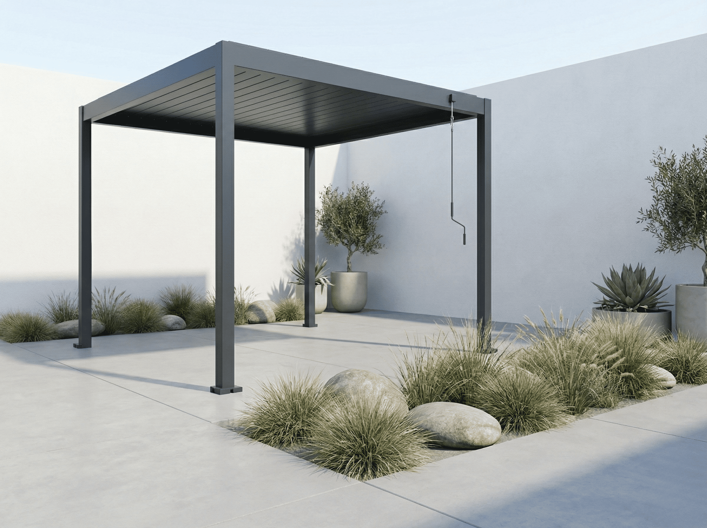 Nowoczesna pergola tarasowa model Basic PergoNova z ruchomymi lamelami dachowymi