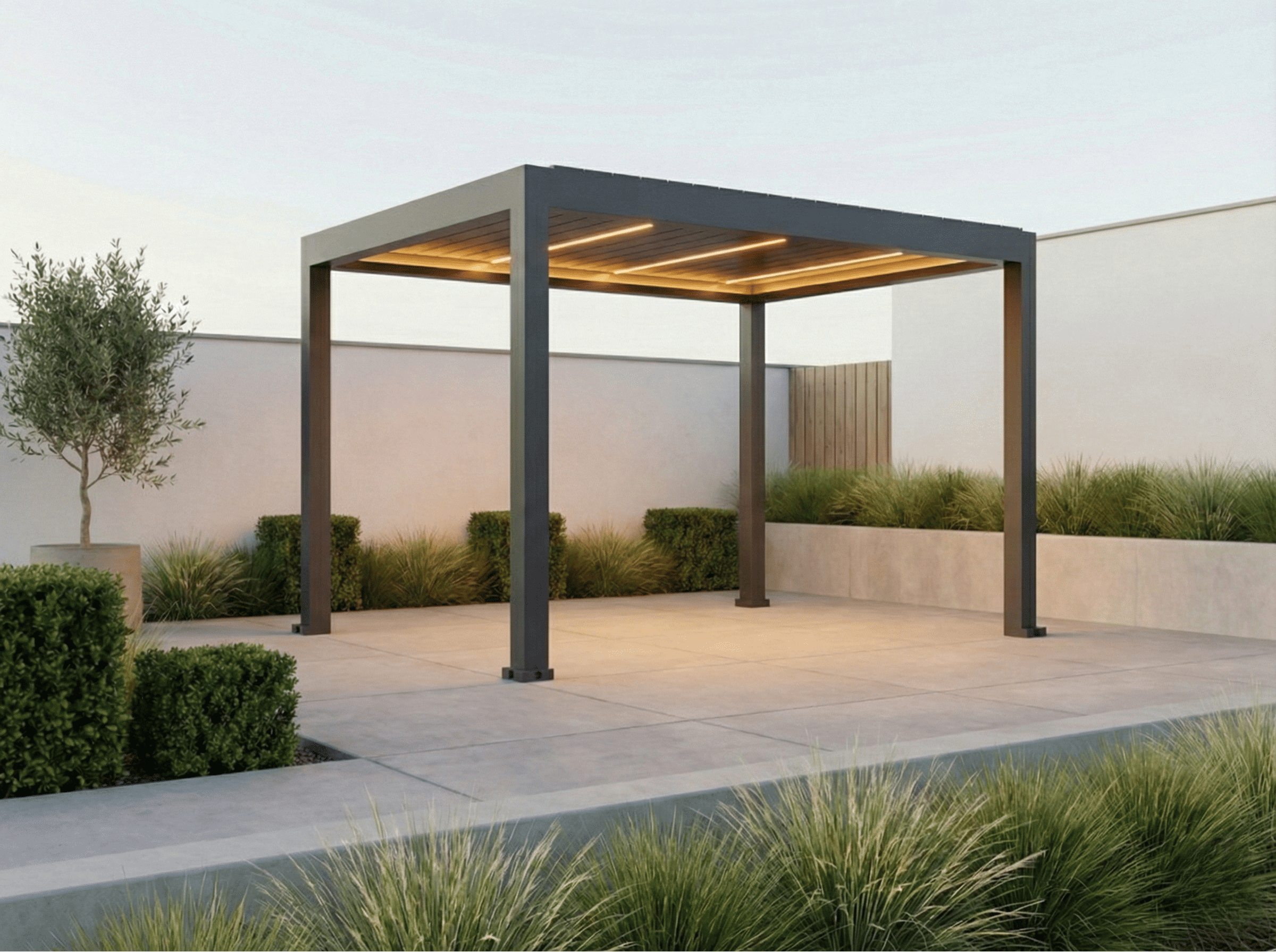 Nowoczesna pergola Pro antracytowa z systemem odprowadzania wody w słupach PergoNova