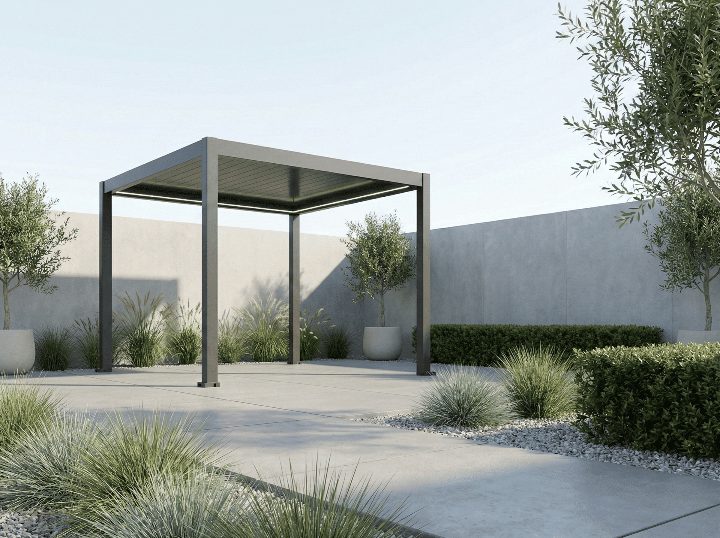 Nowoczesna pergola bioklimatyczna Modern w białym kolorze na tarasie PergoNova