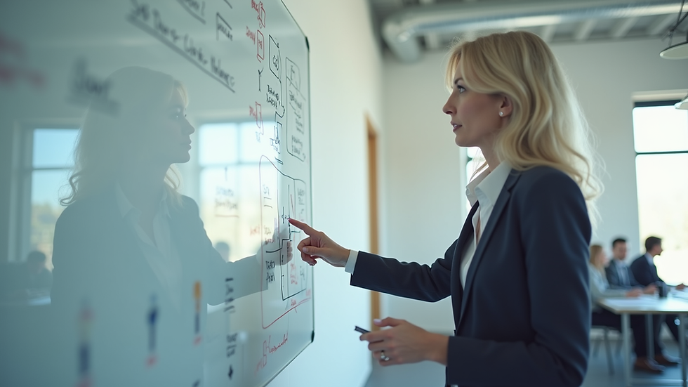 Close-up view of a business leader presenting a growth strategy on a whiteboard