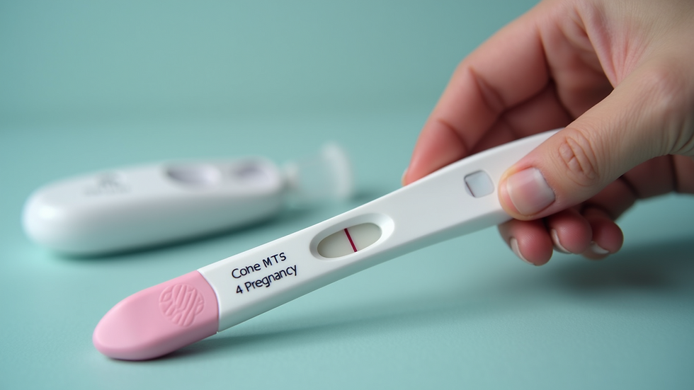 Eye-level view of a pregnancy test kit with dipsticks and instructions