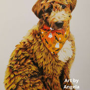 Custom dog portrait commission of a curly-haired pup.