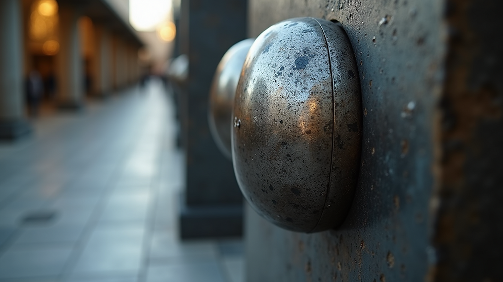 Eye-level view of metal sculpture with textured surface
