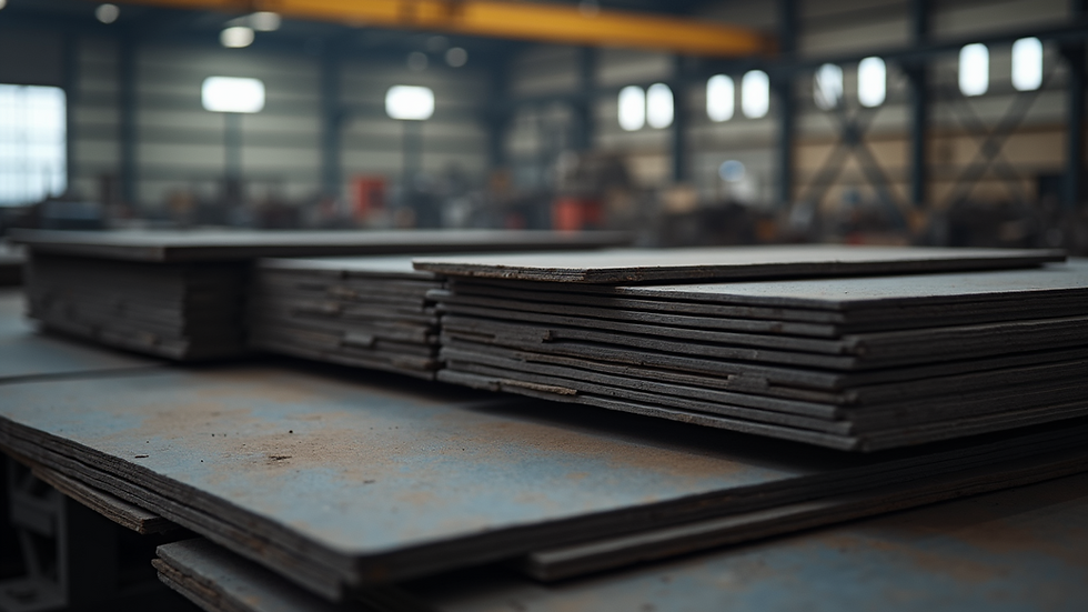 Close-up view of steel metal sheets stacked in a workshop