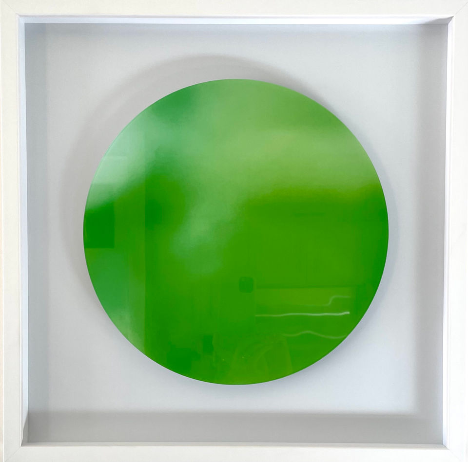 green color circle under plexiglass , colorfield. 3 dimensional