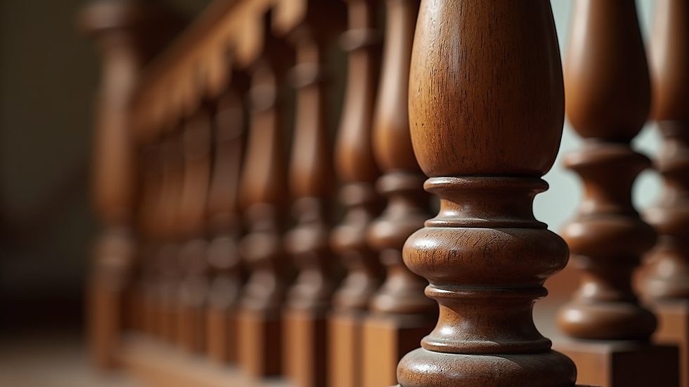 Close-up view of a classic wooden newel post with intricate carvings