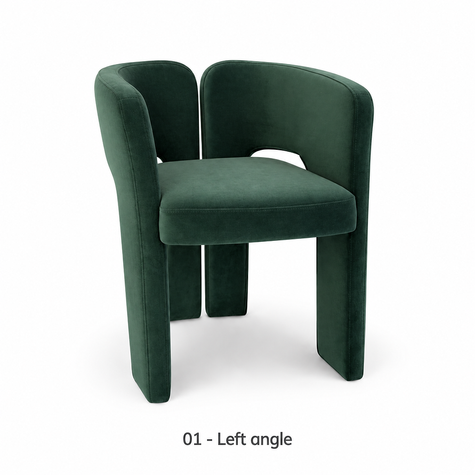 Jade velvet chair with curved legs and an open back by ēclec, left three-quarter view