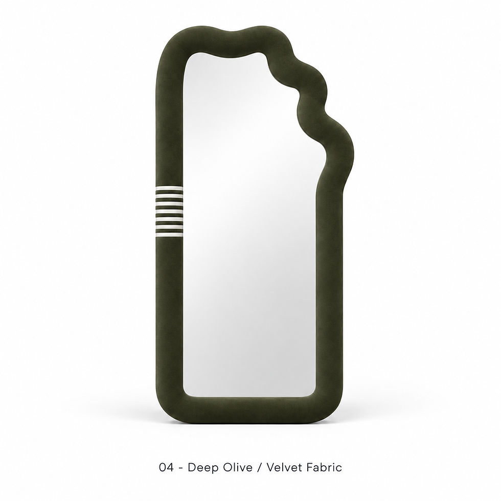 Thumbnail: Ziggy full-length mirror with a wavy padded frame by ēclec, deep olive velvet upholstery