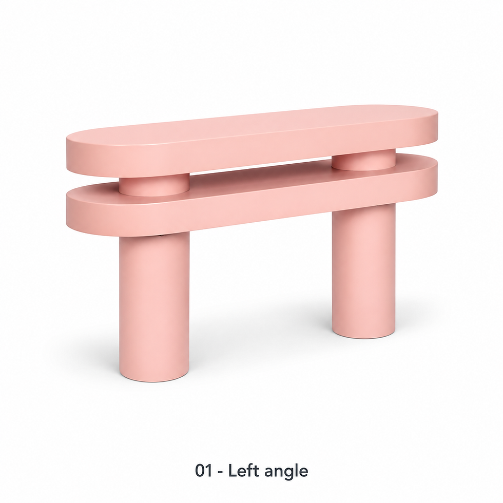 Line sculptural console with a layered top by ēclec, left three-quarter view