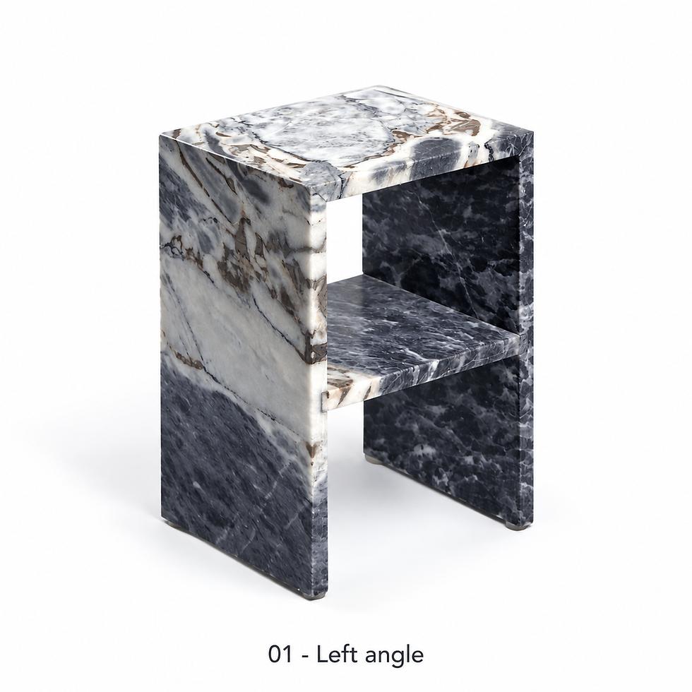 Oceana marble side table with a lower shelf by ēclec, left three-quarter view