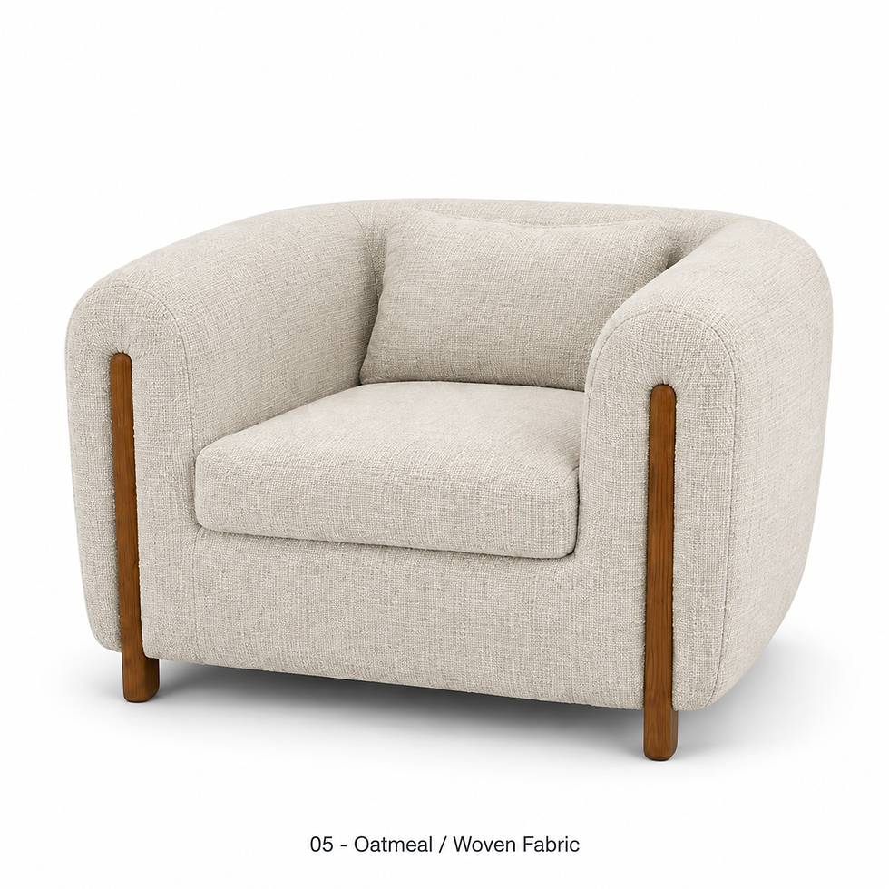 Thumbnail: Kian armchair with a padded wraparound back by ēclec, oatmeal woven upholstery