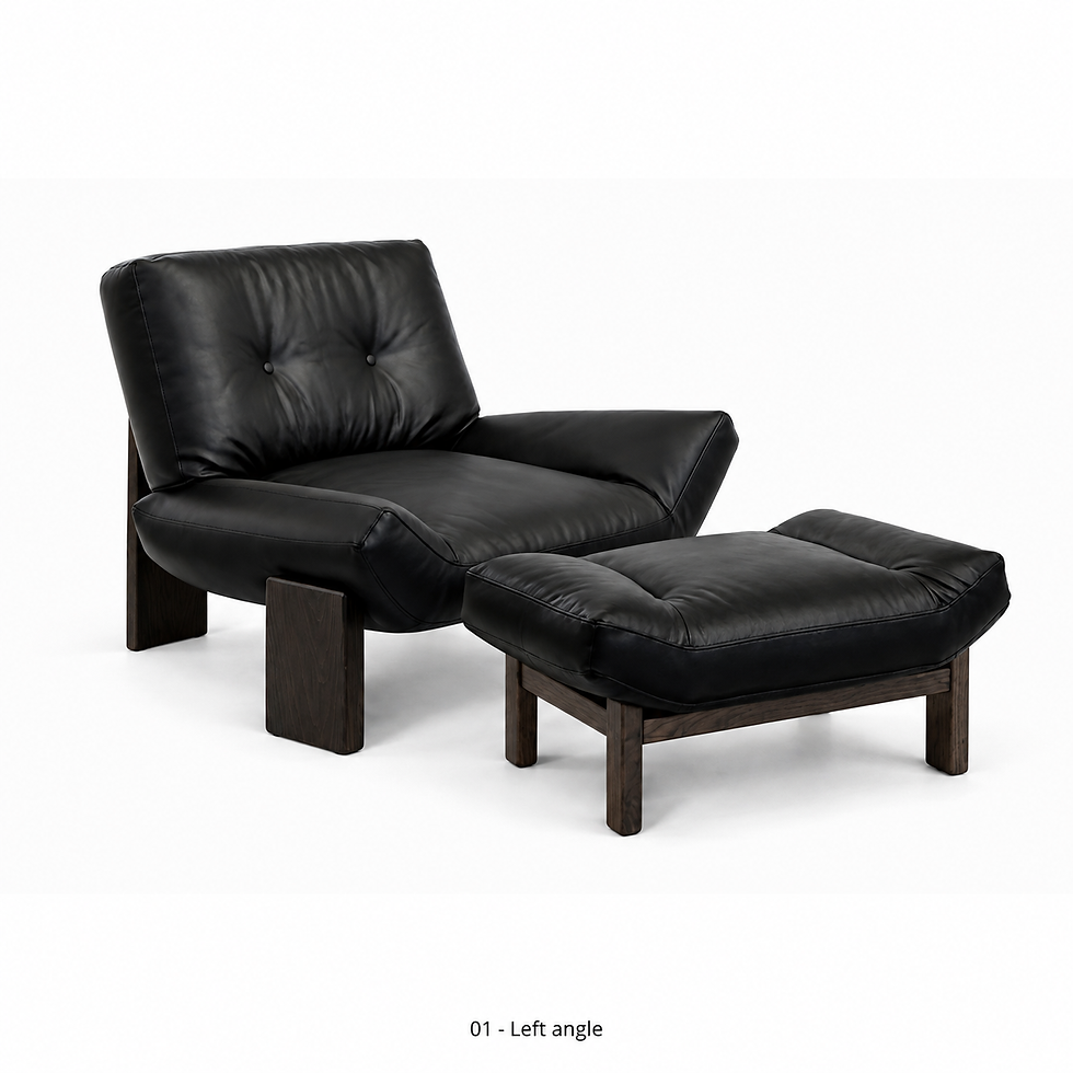 Smokey leather lounge chair with a matching ottoman by ēclec, left three-quarter view