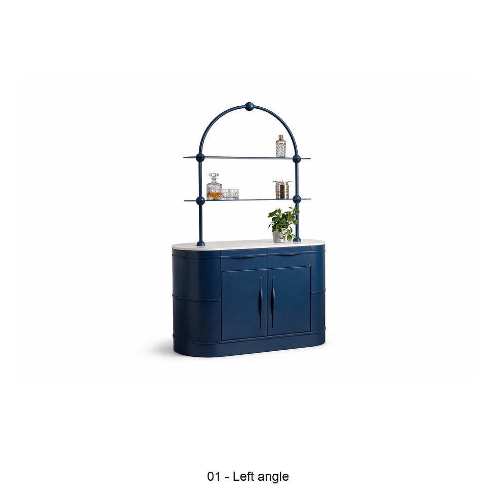 Arch bar cabinet with a marble serving top by ēclec, left three-quarter view