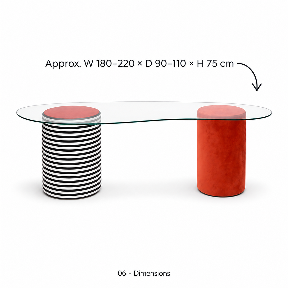 Thumbnail: Dove glass dining table with contrasting pedestals by ēclec, approximate dimensions