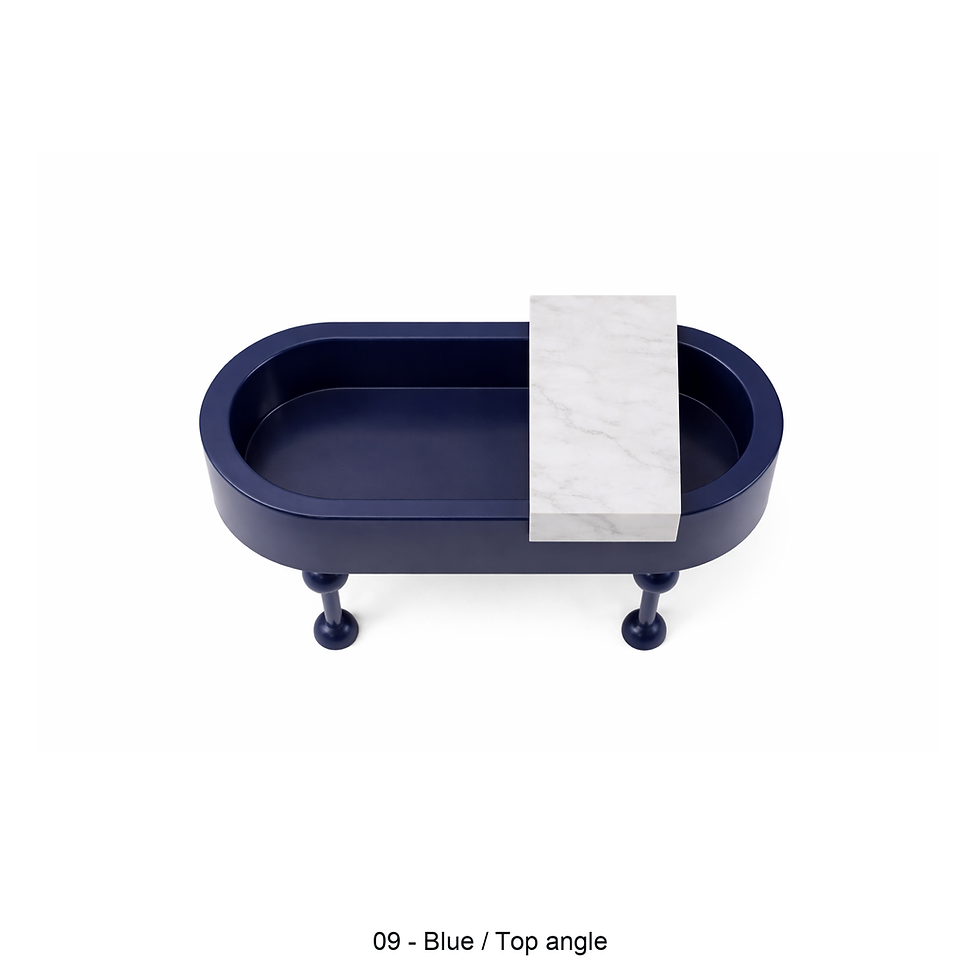 Thumbnail: Oval side table with open storage and a marble top by ēclec, blue top angle