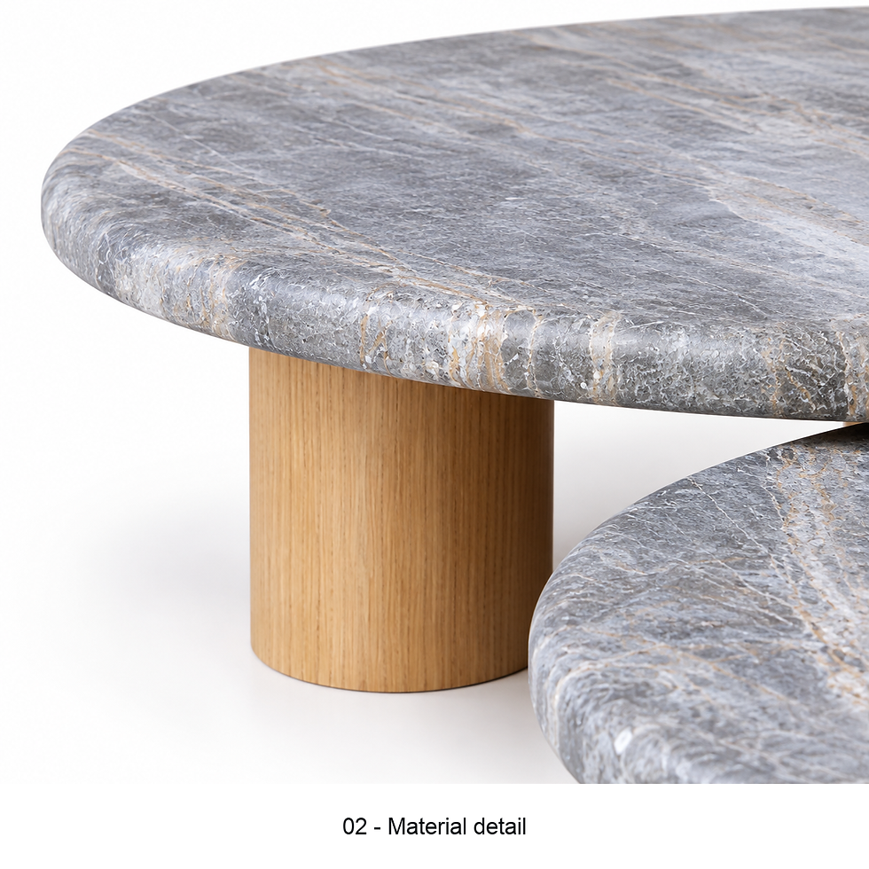 Thumbnail: Marea stone-topped tables with cylindrical wood bases by ēclec, material close-up