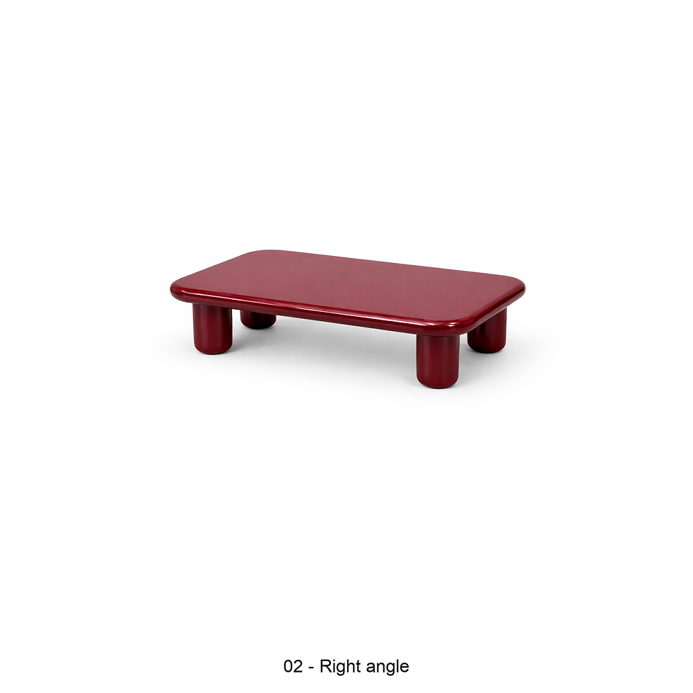 Thumbnail: Evoc red rounded coffee table with cylindrical legs by ēclec, right three-quarter view