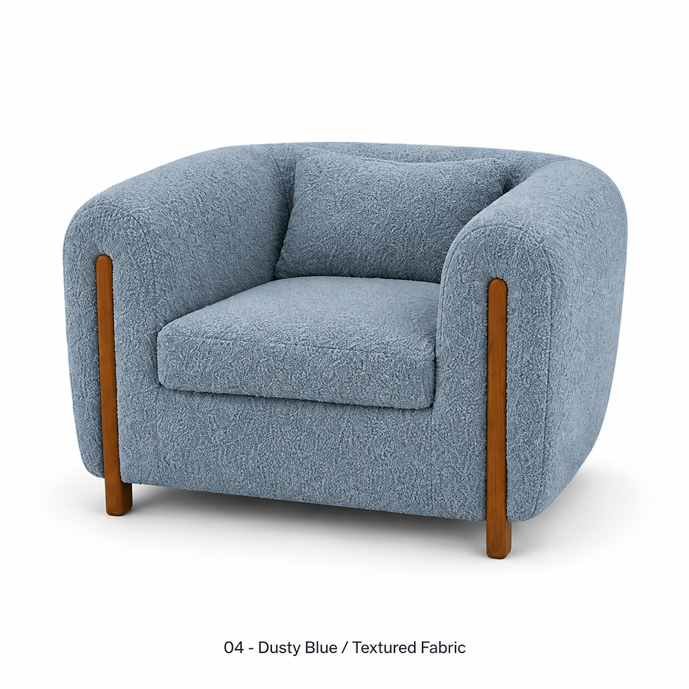Thumbnail: Kian bouclé armchair with a padded wraparound back by ēclec, dusty blue textured upholstery